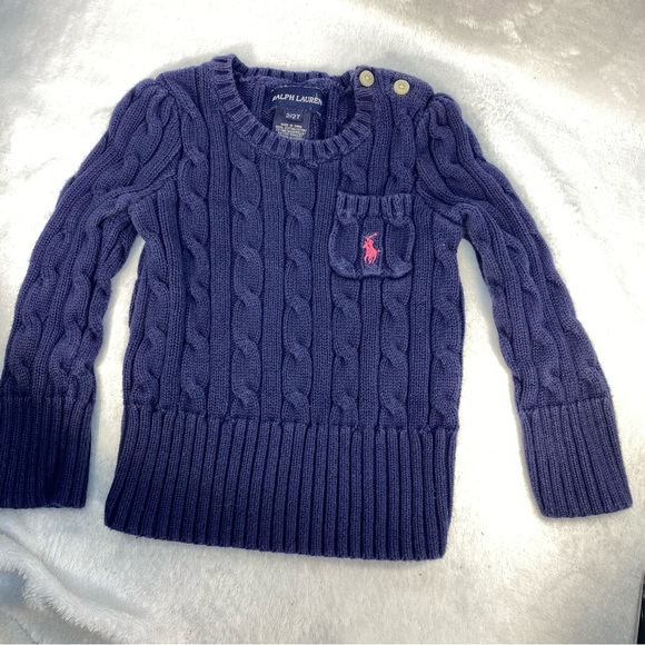 Ralph Lauren Blue 2/2T Child’s Sweater with Pink Pocket Logo - Picture 1 of 7